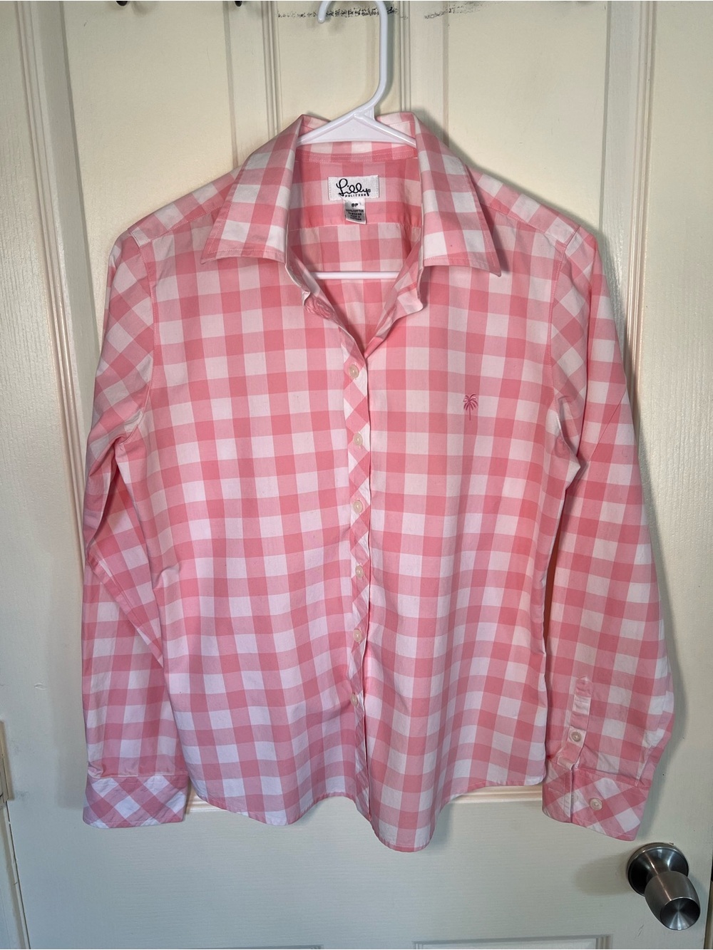 Lilly Pulitzer Pink White Gingham Button Down Shirt 8P Petite Cotton Palm Logo